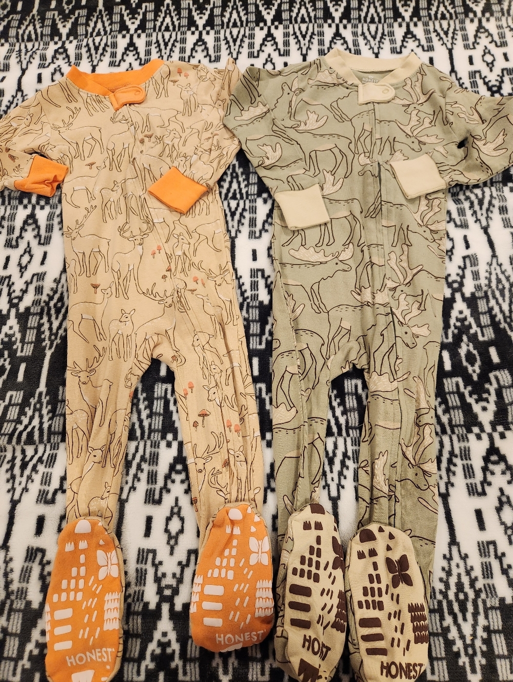 The Honest Company Beige and Sage Deer Footed One-Piece Set
